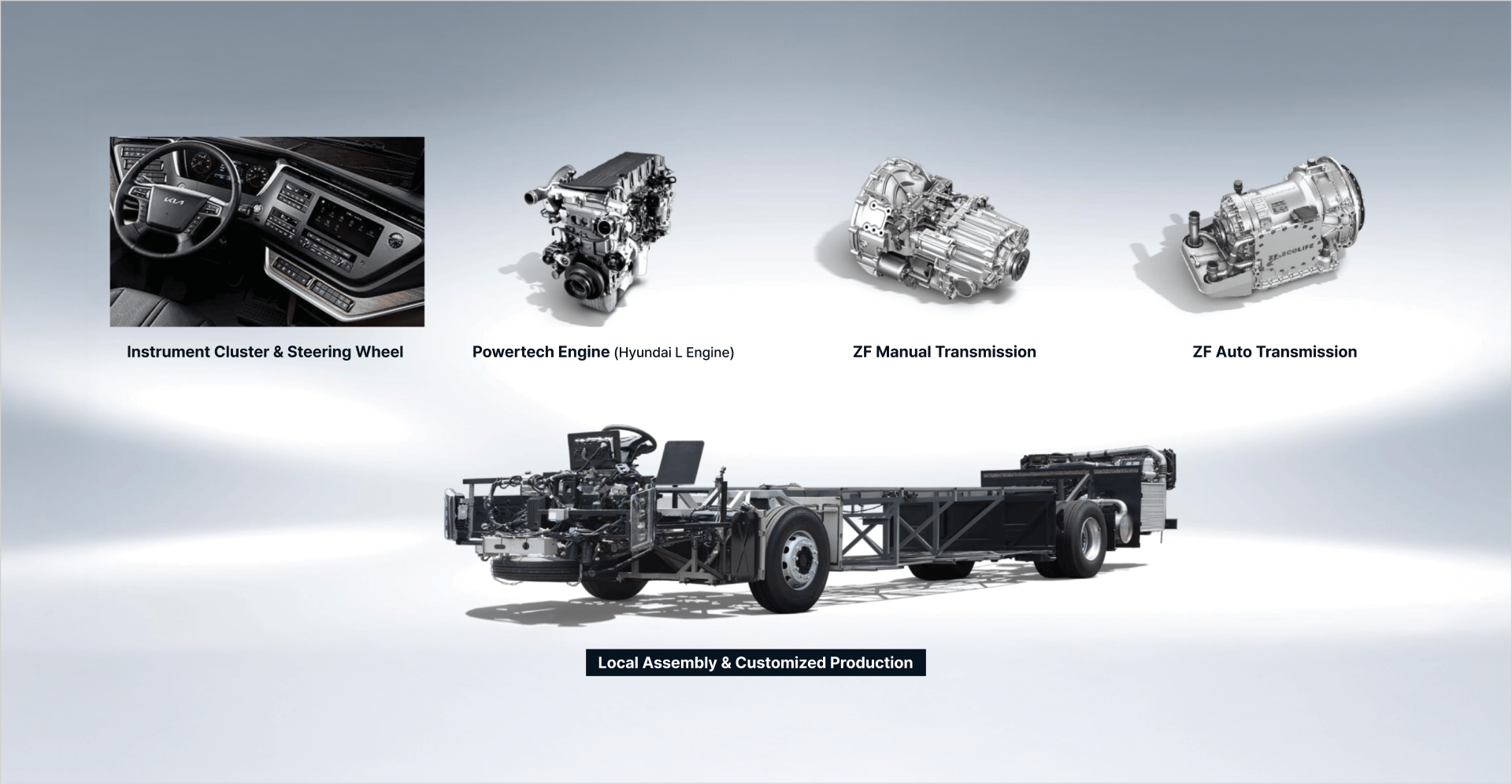 instrument cluster & steering wheel, Powertech Engine (Hyundai L Engine), ZF Manual Transmission, ZF Auto Transmission,Local Assembly & Customized Production