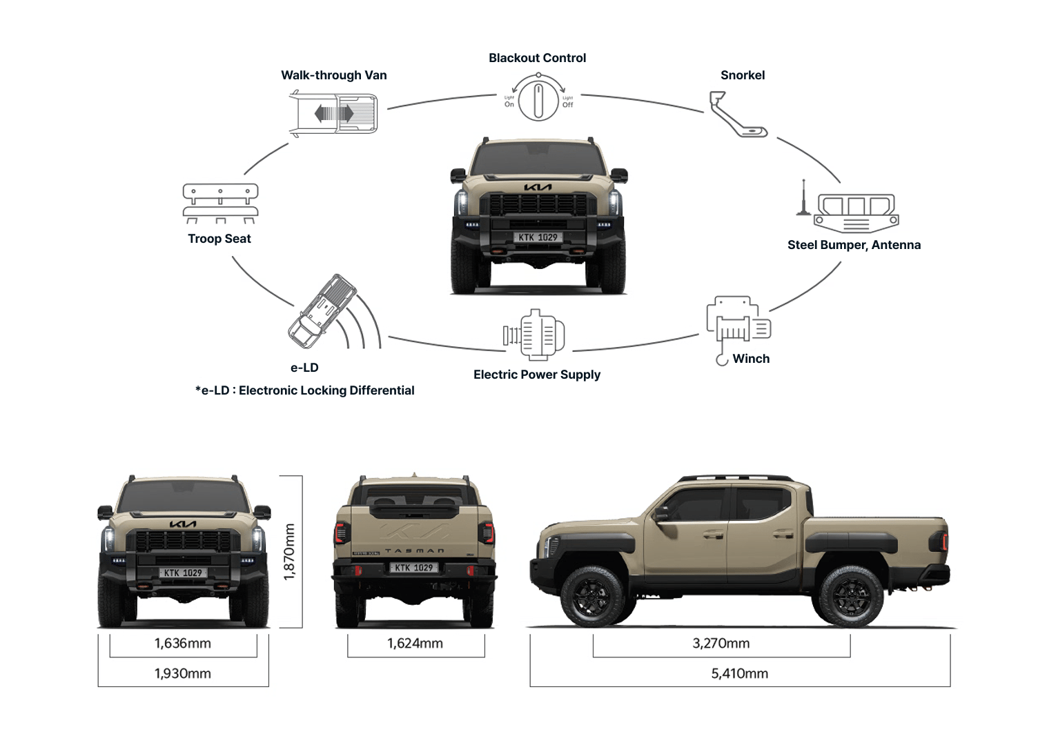 tasman vehicle specifications: Blackout Control, snorkel, steel bumper, antenna, winch, electric power supply, e-LD(Electronic Locking Differential), troop seat, Walk=through van