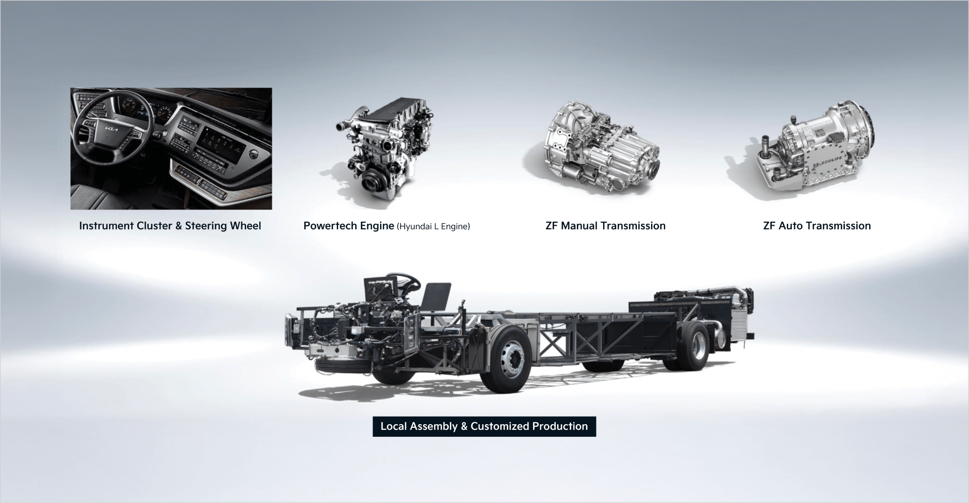 instrument cluster & steering wheel, Powertech Engine (Hyundai L Engine), ZF Manual Transmission, ZF Auto Transmission,Local Assembly & Customized Production