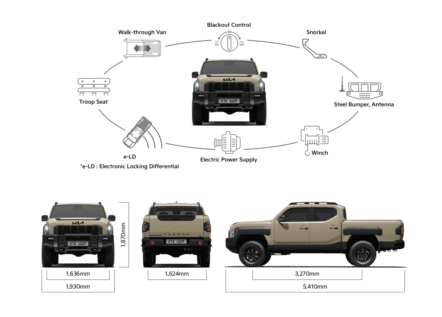 tasman vehicle specifications: Blackout Control, snorkel, steel bumper, antenna, winch, electric power supply, e-LD(Electronic Locking Differential), troop seat, Walk=through van